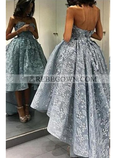 Sweetheart Natural Waist Sleeveless High-Low Lace Prom Dresses