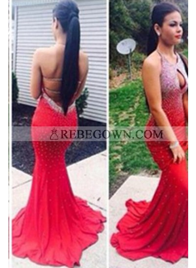 2023 Gorgeous Red Prom Dresses Halter Backless Mermaid Chiffon