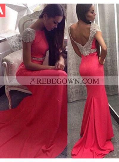 2023 Gorgeous Red Capped Sleeves Crystal Backless Mermaid Satin Prom Dresses