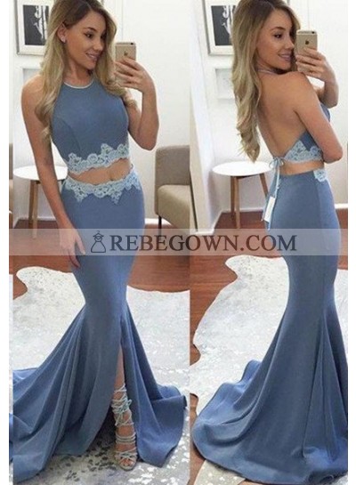 rebe gown 2023 Blue Appliques Mermaid Stretch Satin Two Pieces Prom Dresses