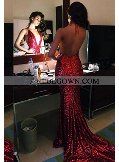 Sexy 2023 Gorgeous Red Sequins Backless Mermaid Prom Dresses