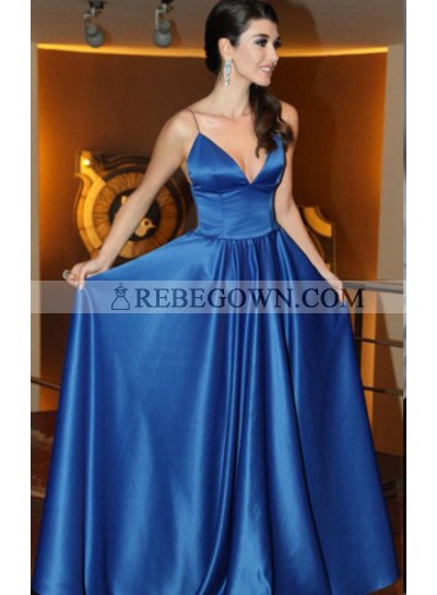 rebe gown 2023 Blue Prom Dresses Spaghetti Straps A-Line Satin