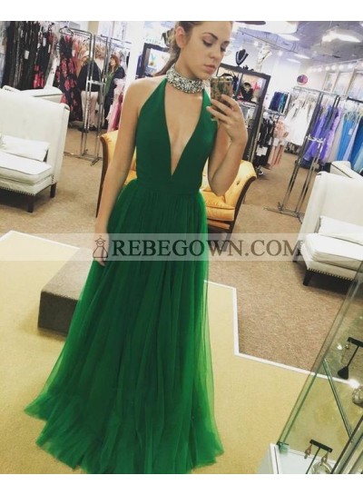2023 Cheap Princess/A-Line Emerald Tulle V-neck Prom Dresses