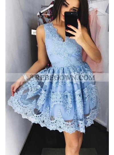 Blue Knee Length V-neck Short Prom Dresses With Appliques