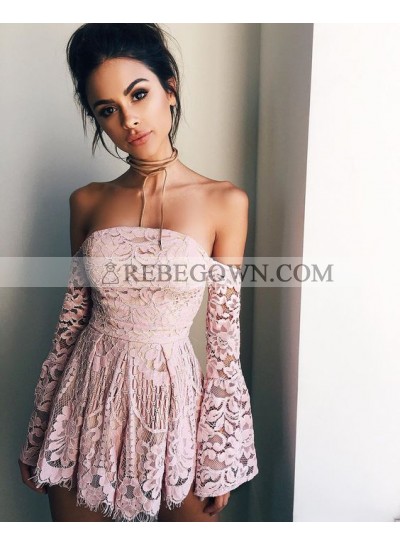 A-Line Off-the-Shoulder Long Sleeves Short Blush Lace Cocktail Homecoming Dress 2023