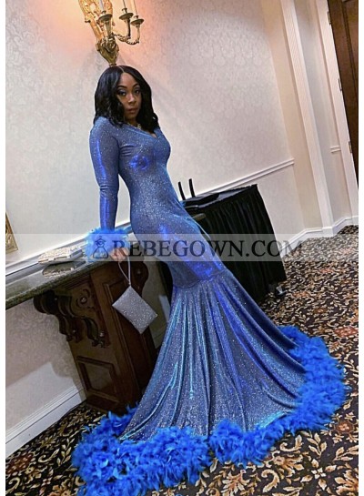 Sequins Long Sleeves Feathers Column V-neck Sweep/Brush Train Prom Dresses