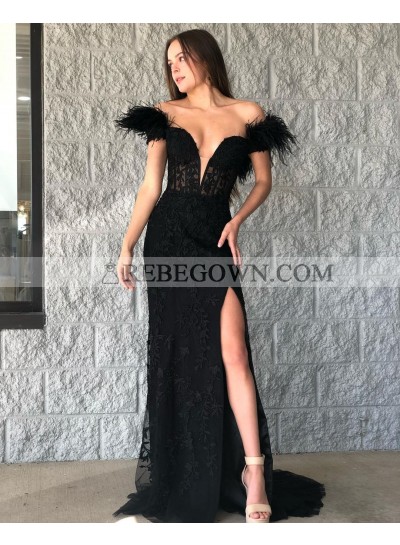 2023 Tulle Appliques Column Off the Shoulder Sleeveless Sweep/Brush Train Prom Dresses