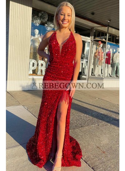 2023 V-neck Sheath/Column Sequins Sleeveless Sweep/Brush Train Prom Dresses