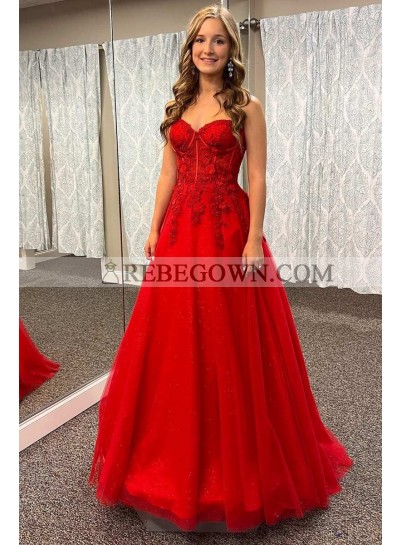 2023 Tulle Appliques Ball Gown Sleeveless Strapless Sweep/Brush Train Prom Dresses