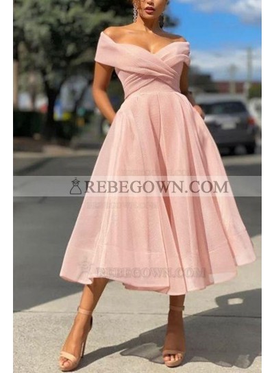 2023 A-line Off the Shoulder Organza Tea-Length Sleeveless Pink Homecoming Dresses