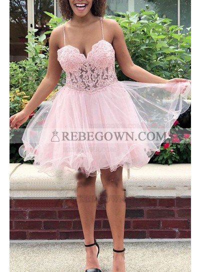 2023 V-neck Tulle Sleeveless A-line Short/Mini Pink Homecoming Dresses With Appliques