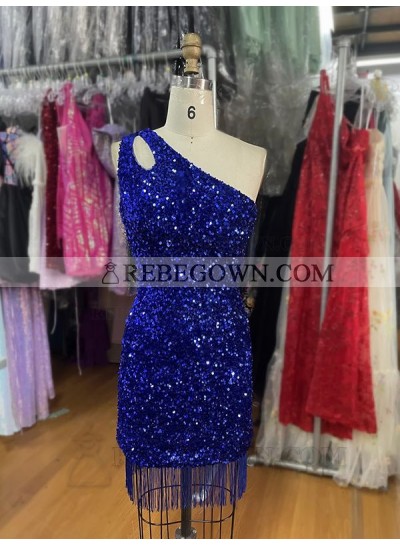 2023 One Shoulder Sequins Royal Blue Sleeveless Short Homecoming Dresses With Tassel