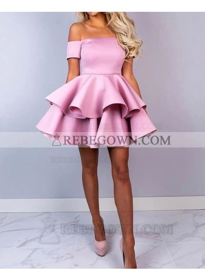 2023 Off the Shoulder Ball Gown Satin Dusty Rose Short Homecoming Dresses With Layers