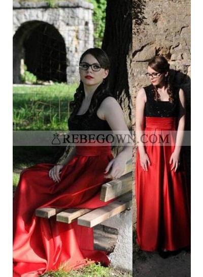 2023 Gorgeous Red Square Neck Long Floor length Satin Prom Dresses