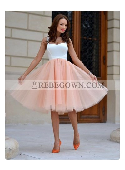 A-Line Straps Sleeveless Knee-Length Peach Homecoming Dress 2023 with Pleats