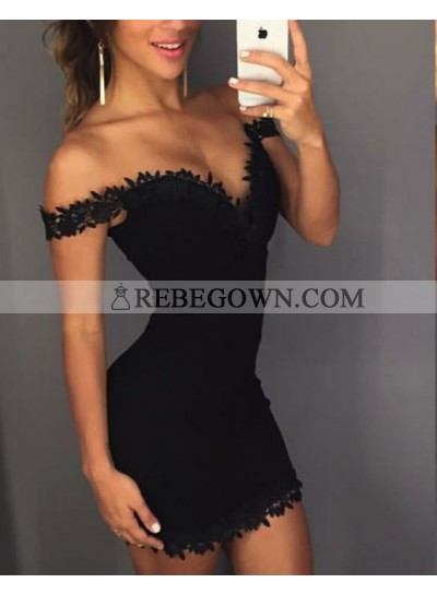 Sheath Off-the-Shoulder Black Stretch Satin Homecoming Dress 2023 with Appliques