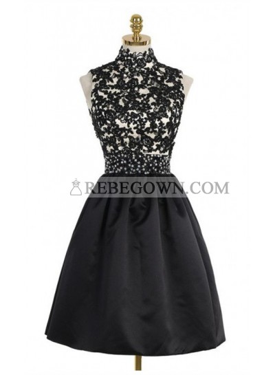 A-Line High Neck Open Back Above-Knee Black Homecoming Dress 2023 with Lace Sequins
