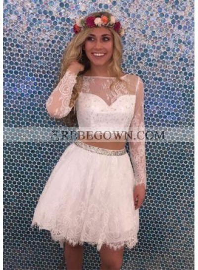Two Piece Bateau Long Sleeves White Tulle Homecoming Dress 2023 with Lace Beading