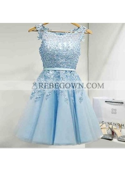 A-Line Jewel Light Blue Chiffon Short Homecoming Dress 2023 with Appliques Pleats