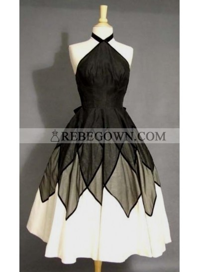 A-Line Halter Black Satin Short Homecoming Dress