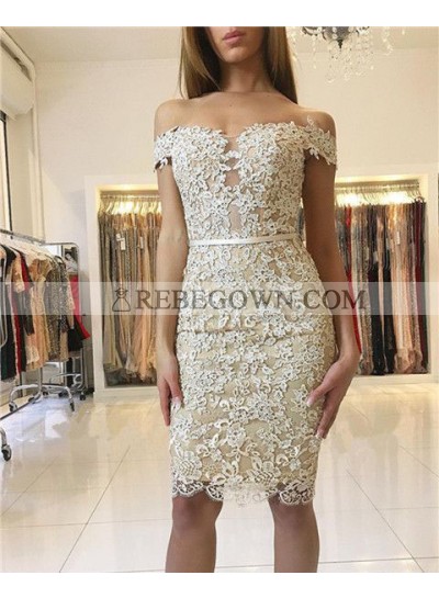 Sheath Off-the-Shoulder Knee-Length Light Champagne Lace Homecoming Dress 2023