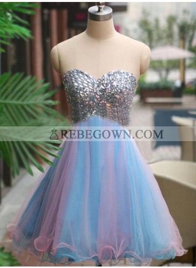 A-Line Sweetheart Multi Color Tulle Short Homecoming Dress 2023 with Beading