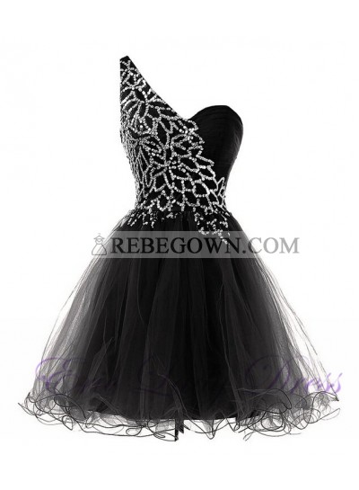 A-Line One-Shoulder Black Tulle Short Homecoming Dress 2023 with Sequins
