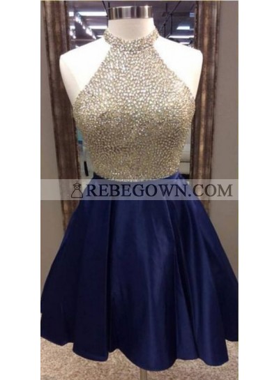 A-Line Jewel Navy Blue Satin Short Homecoming Dress 2023 with Beading
