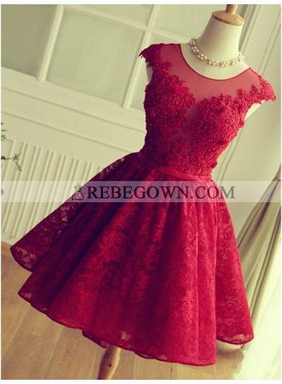 A-Line Jewel Cap Sleeves Red Lace Short Homecoming Dress 2023 with Beading
