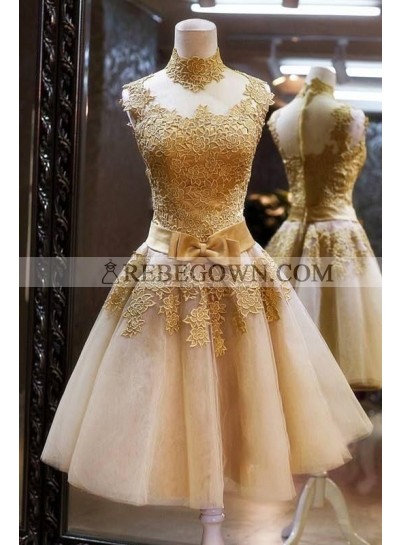 A-Line High Neck Knee-Length Champagne Short Homecoming Dress 2023 with Appliques