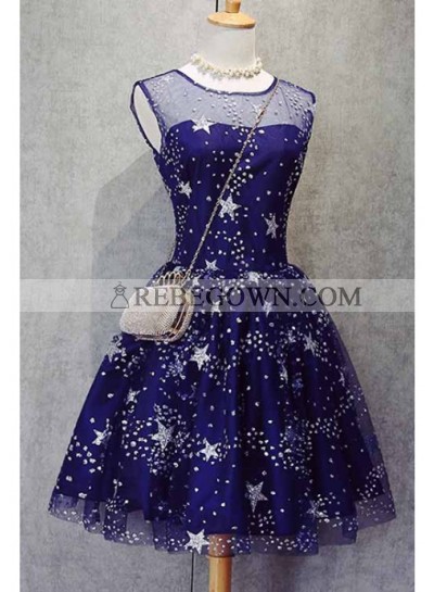 A-Line Scoop Royal Blue Tulle Short Homecoming Dress 2023 with Appliques