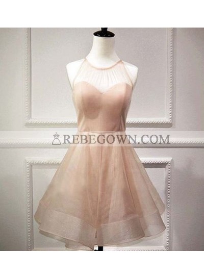A-Line Jewel Pearl Pink Organza Bowknot Short Homecoming Dress 2023 with Open Back