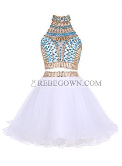 Two Piece High Neck White Tulle Short Homecoming Dress 2023 with Beading Rhinestone