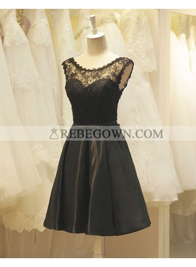 A-Line Crew Neck Black Satin Homecoming Dress 2023 with Lace