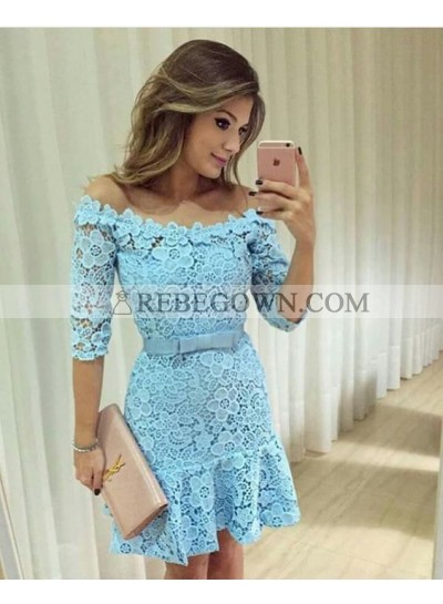 Sheath Off-the-Shoulder Above-Knee Blue Lace Homecoming Dress 2023 with Sashes