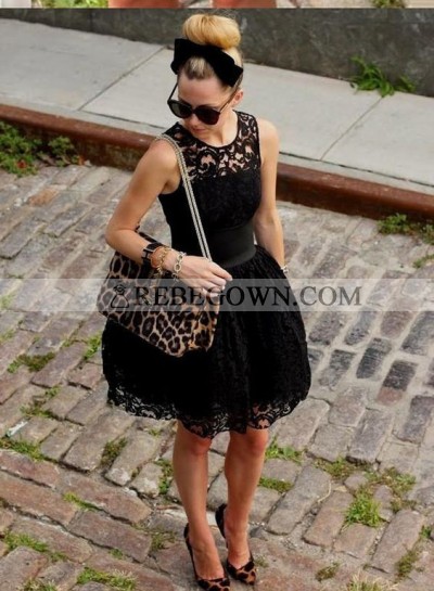 A-Line Jewel Short Black Lace Homecoming Dress 2023