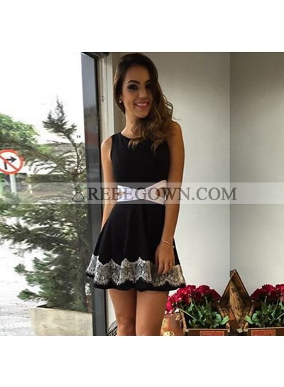 A-Line Jewel Cut-Out Little Black Dress with Lace