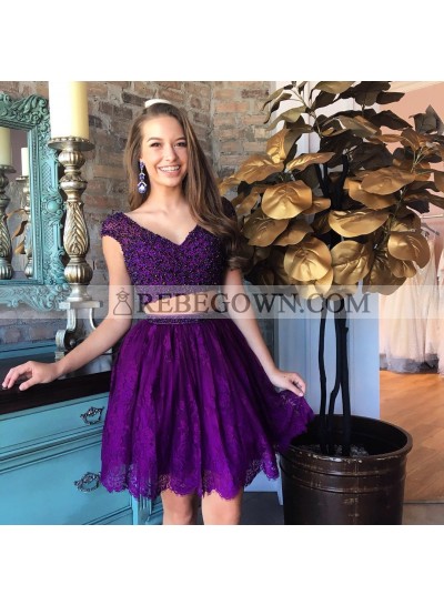 Two Piece V-Neck Beading Purple Homecoming Dress 2023 with Lace