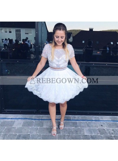 Two Piece Round Neck White Homecoming Dress 2023 with Beading Lace