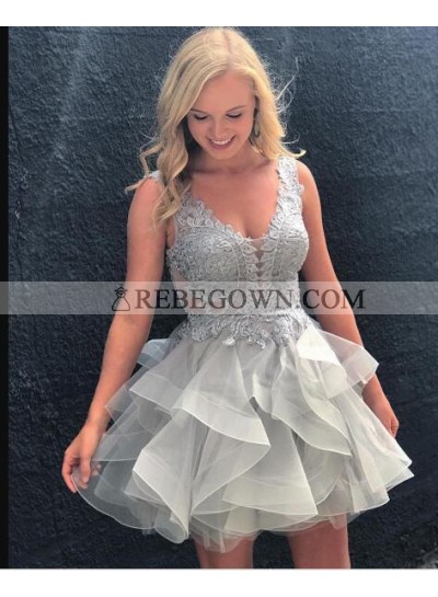 A-Line Scoop Backless Appliques Gray Organza Homecoming Dress 2023