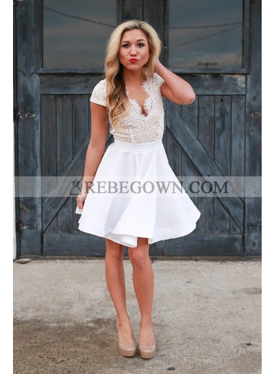 A-Line V-Neck Cap Sleeves Open Back White Homecoming Dress 2023