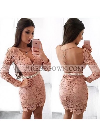 Sheath V-Neck Long Sleeves Blush Lace Homecoming Dress 2023 with Pearls