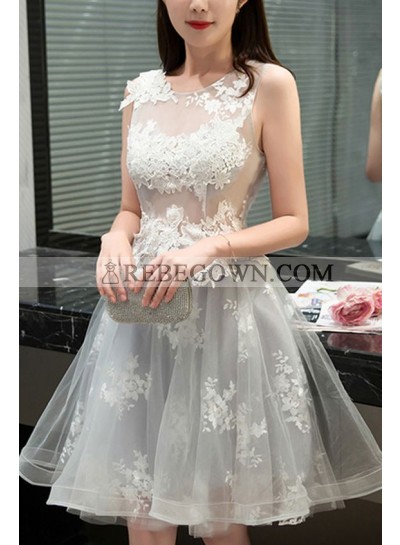 A-Line Jewel Sleeveless Light Gray Tulle Homecoming Dress 2023 with Appliques