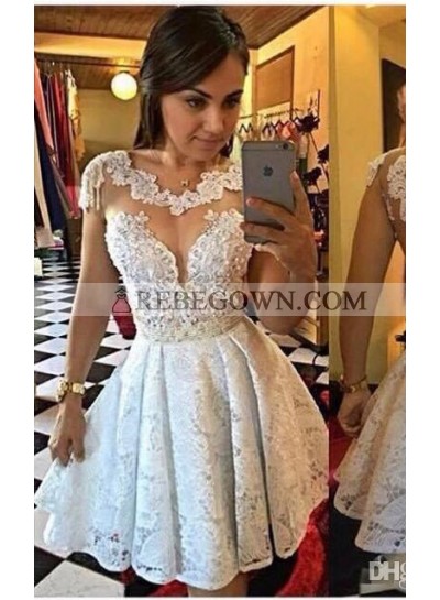 A-Line Scalloped-Edge Cap Sleeves Short White Lace Homecoming Dress 2023 with Lace
