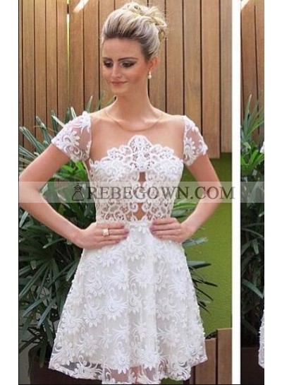 Princess/A-Line Jewel Short Sleeves White Lace Homecoming/Prom Dresses with Illusion Back