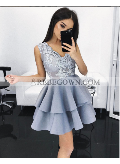 A-Line V-Neck Short Light  Blue Satin Homecoming Dress 2023 with Appliques Tired