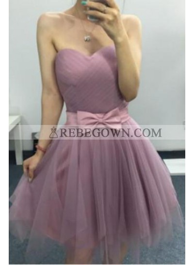 A-Line Sweetheart Above-Knee Purple Tulle Homecoming Dress 2023 with Bowknot