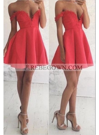 A-Line Off-the-Shoulder Short Satin Red Homecoming Dress 2023 with Appliques