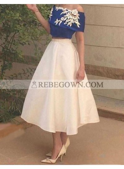 A-Line Off-the-Shoulder Tea-Length White Satin Homecoming Dress 2023 with Appliques