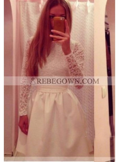 A-Line High Neck Long Sleeves White Homecoming Dress 2023 with Sashes
